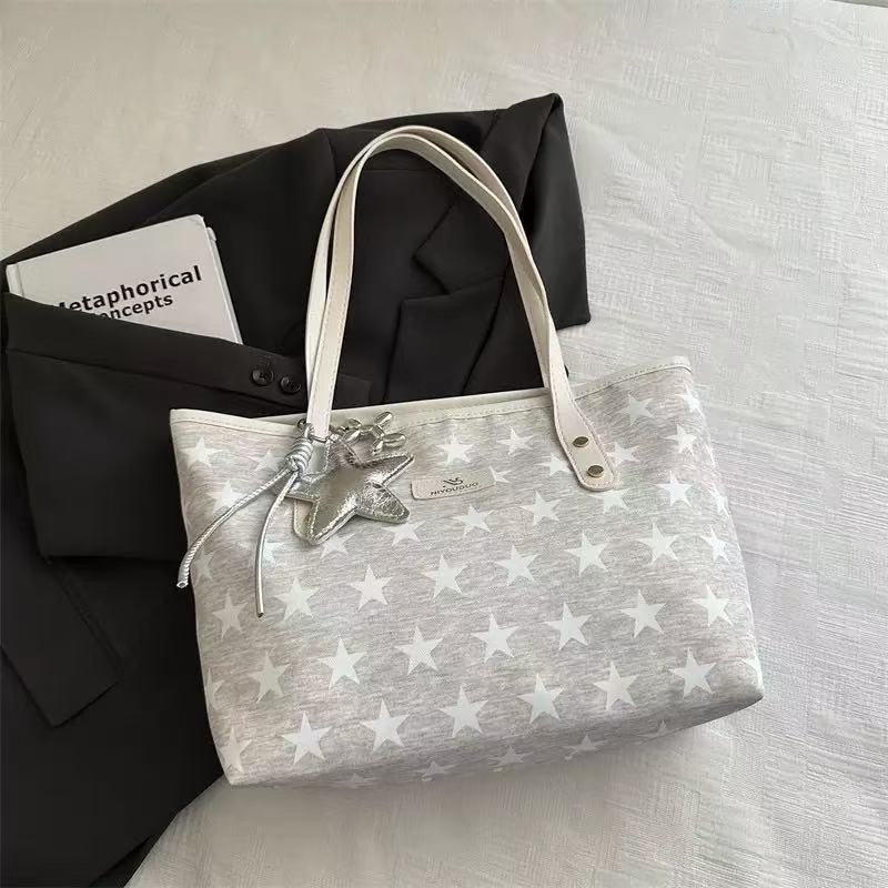 Women Star Print Large Capacity Tote Bag Zipper Shoulder Handbag For Student Office Daily Shopping, Free Silver Star Pendant Gift