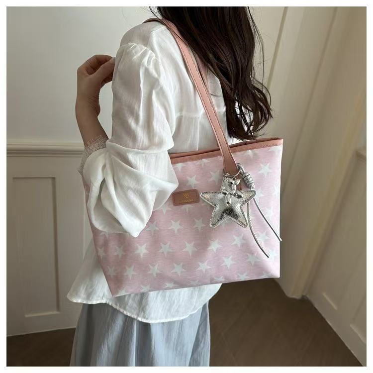 Women Star Print Large Capacity Tote Bag Zipper Shoulder Handbag For Student Office Daily Shopping, Free Silver Star Pendant Gift