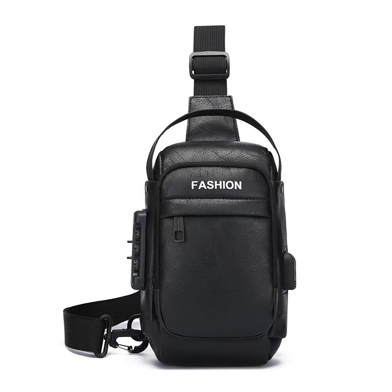 Large Capacity Men Sling Chest Bag Anti-Theft Combination Lock External USB Charging Port Leather Crossbody Shoulder Hand Bag Fit 7.9 Inch IPad Mini For Travel Hiking