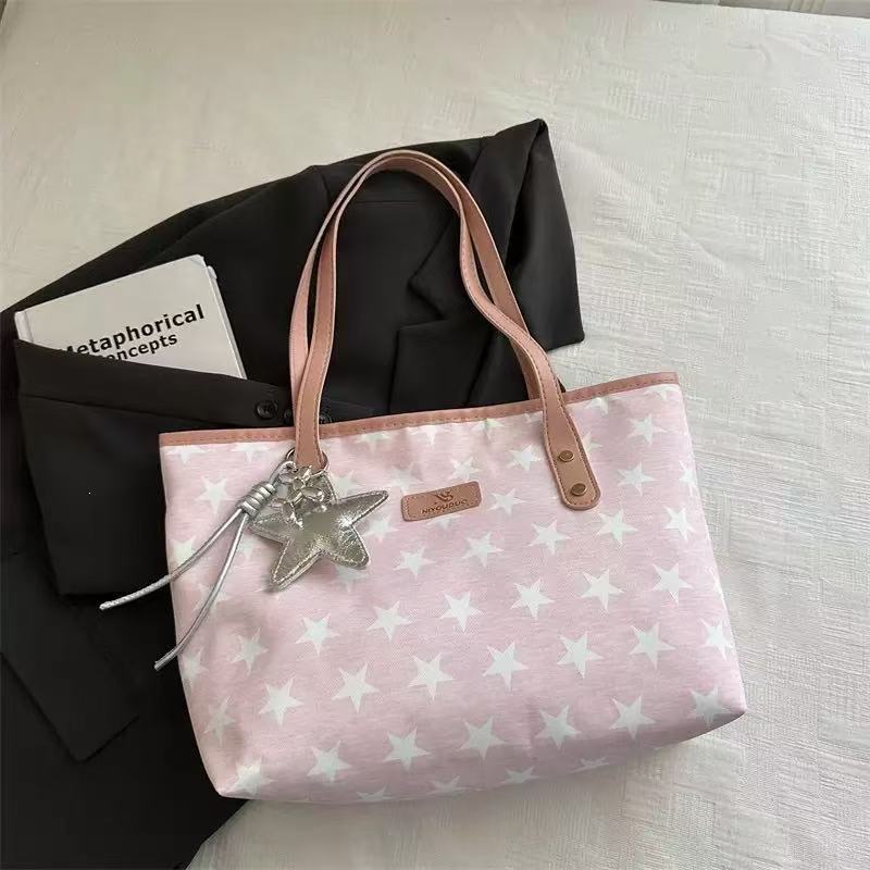 Women Star Print Large Capacity Tote Bag Zipper Shoulder Handbag For Student Office Daily Shopping, Free Silver Star Pendant Gift