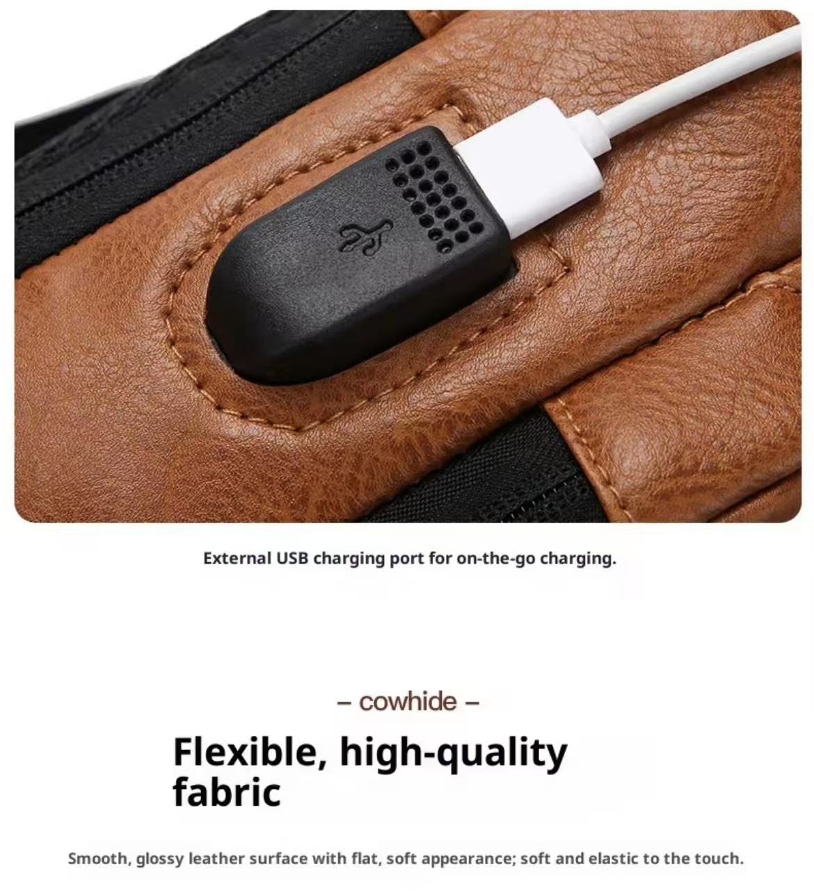 Large Capacity Men Sling Chest Bag Anti-Theft Combination Lock External USB Charging Port Leather Crossbody Shoulder Hand Bag Fit 7.9 Inch IPad Mini For Travel Hiking