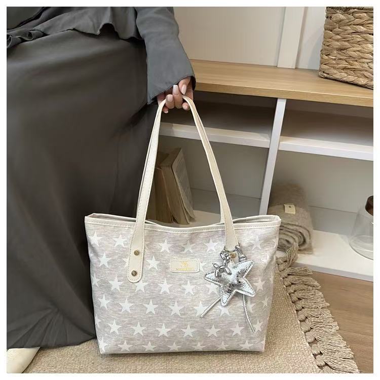 Women Star Print Large Capacity Tote Bag Zipper Shoulder Handbag For Student Office Daily Shopping, Free Silver Star Pendant Gift