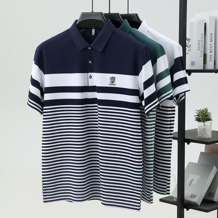 2026 High-grade Ice Silk Pearl Polyester Men's Short-sleeved Shirt Breathable Thin Summer Striped Machine Washable Wear-Resistant