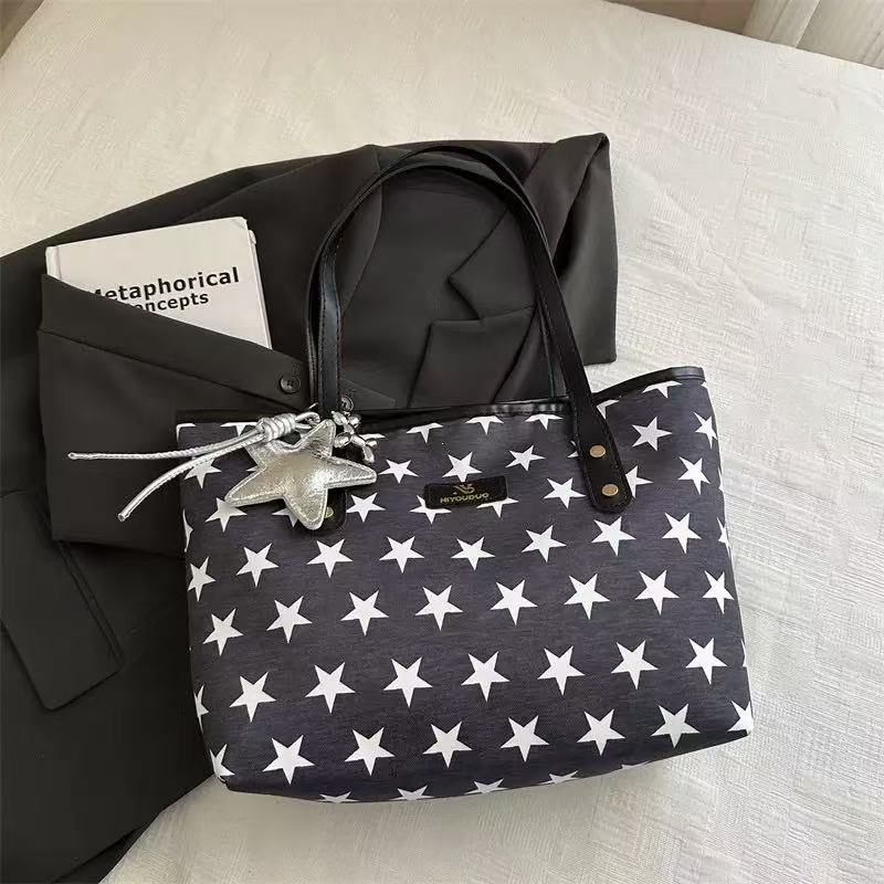 Women Star Print Large Capacity Tote Bag Zipper Shoulder Handbag For Student Office Daily Shopping, Free Silver Star Pendant Gift