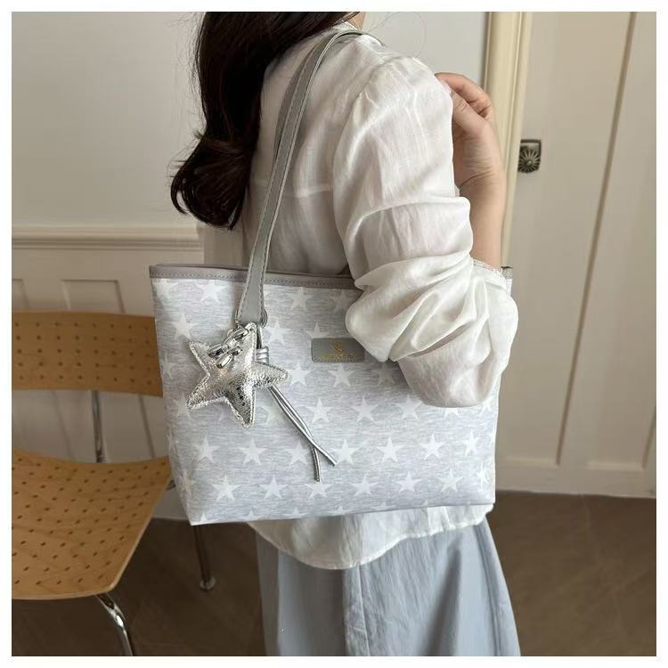 Women Star Print Large Capacity Tote Bag Zipper Shoulder Handbag For Student Office Daily Shopping, Free Silver Star Pendant Gift