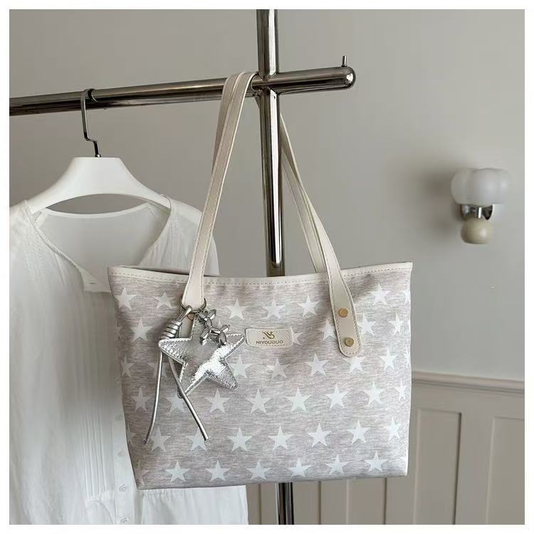Women Star Print Large Capacity Tote Bag Zipper Shoulder Handbag For Student Office Daily Shopping, Free Silver Star Pendant Gift