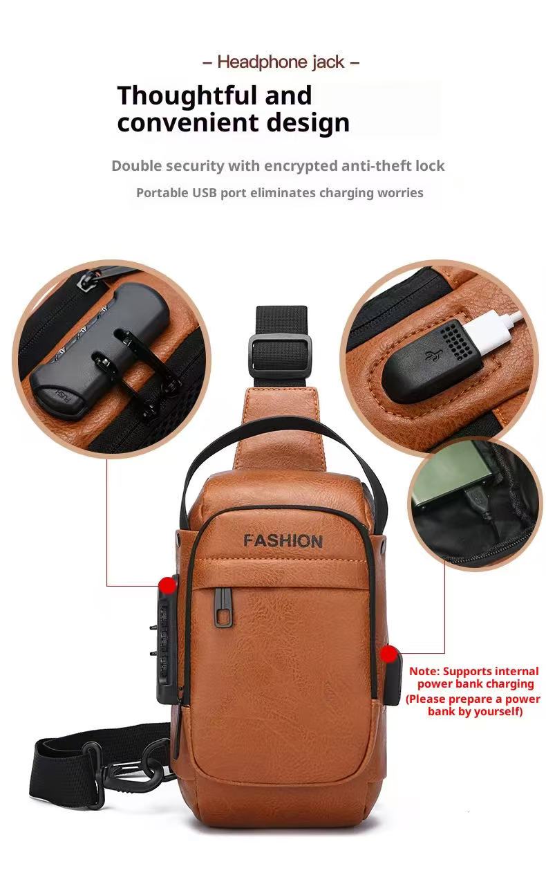 Large Capacity Men Sling Chest Bag Anti-Theft Combination Lock External USB Charging Port Leather Crossbody Shoulder Hand Bag Fit 7.9 Inch IPad Mini For Travel Hiking
