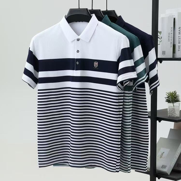 2026 High-grade Ice Silk Pearl Polyester Men's Short-sleeved Shirt Breathable Thin Summer Striped Machine Washable Wear-Resistant