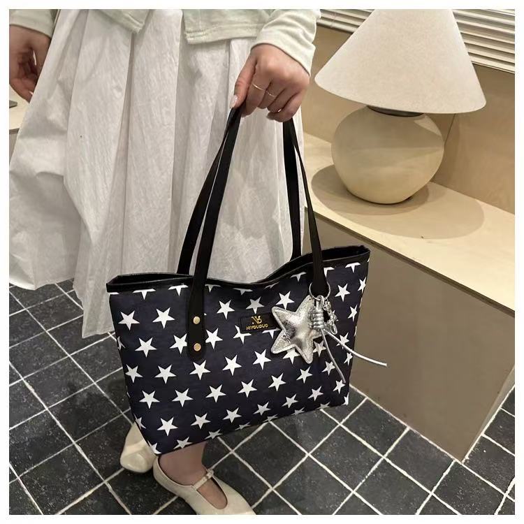 Women Star Print Large Capacity Tote Bag Zipper Shoulder Handbag For Student Office Daily Shopping, Free Silver Star Pendant Gift