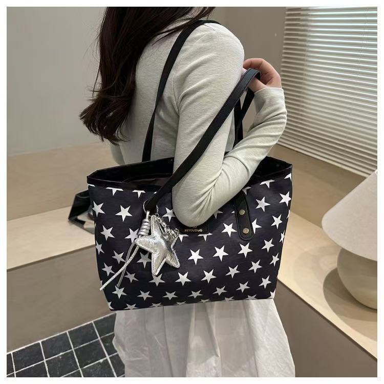 Women Star Print Large Capacity Tote Bag Zipper Shoulder Handbag For Student Office Daily Shopping, Free Silver Star Pendant Gift