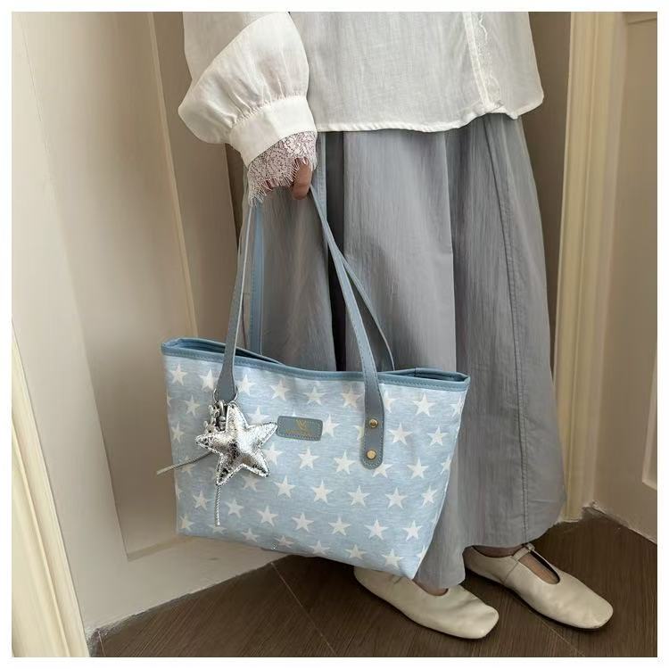 Women Star Print Large Capacity Tote Bag Zipper Shoulder Handbag For Student Office Daily Shopping, Free Silver Star Pendant Gift