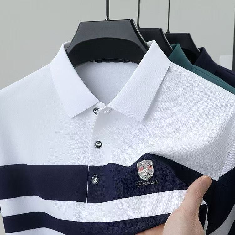 2026 High-grade Ice Silk Pearl Polyester Men's Short-sleeved Shirt Breathable Thin Summer Striped Machine Washable Wear-Resistant