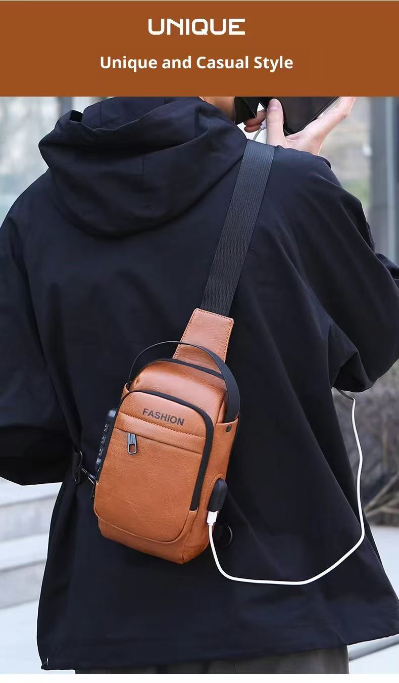 Large Capacity Men Sling Chest Bag Anti-Theft Combination Lock External USB Charging Port Leather Crossbody Shoulder Hand Bag Fit 7.9 Inch IPad Mini For Travel Hiking