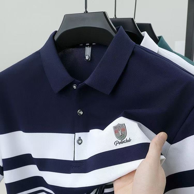 2026 High-grade Ice Silk Pearl Polyester Men's Short-sleeved Shirt Breathable Thin Summer Striped Machine Washable Wear-Resistant