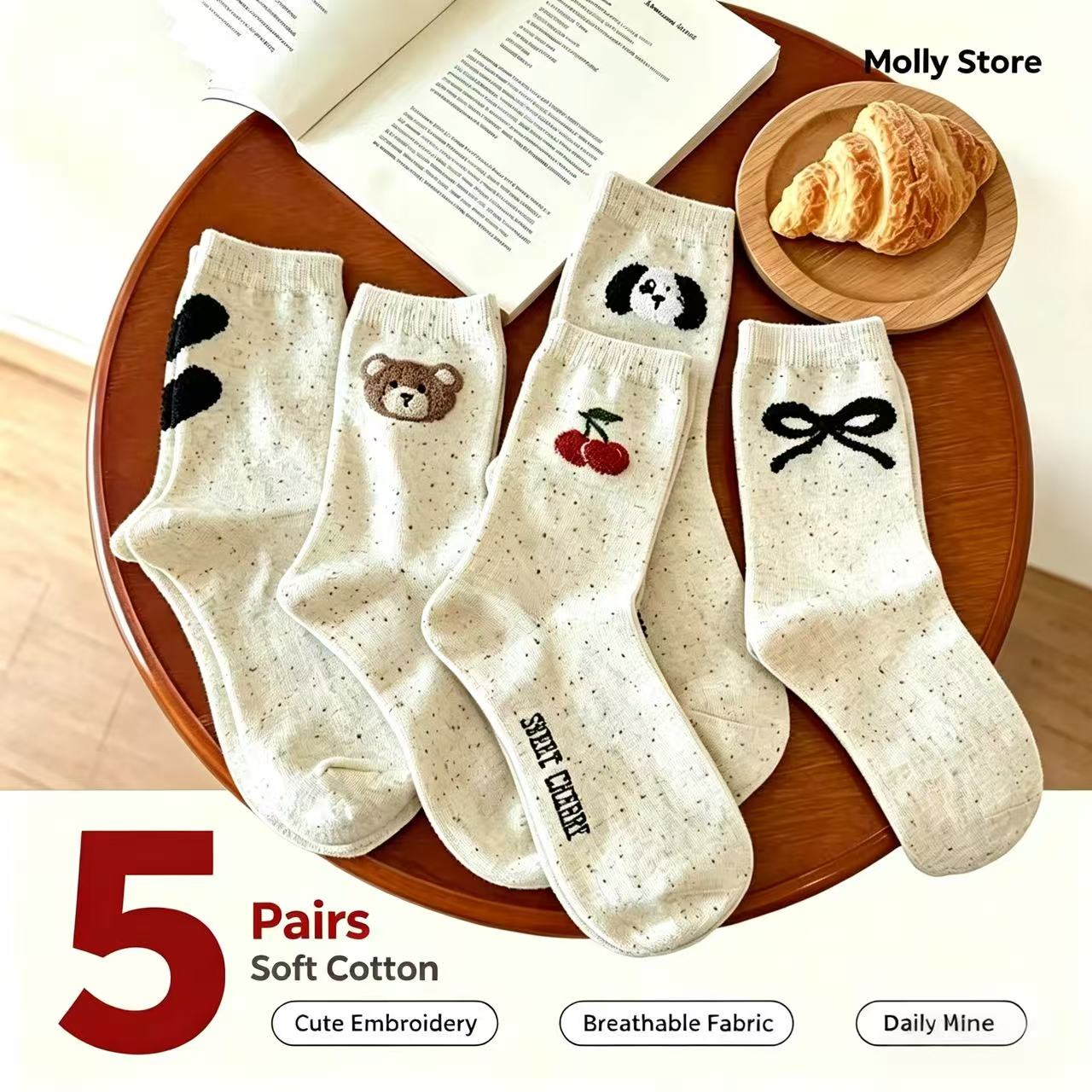 5 Pairs Of Women's 100% Cotton Mid-Calf Socks, Spring And Summer Women's INS Trendy Socks, Cute Knee-High Socks, Women's Breathable And Odor-Resistant Socks