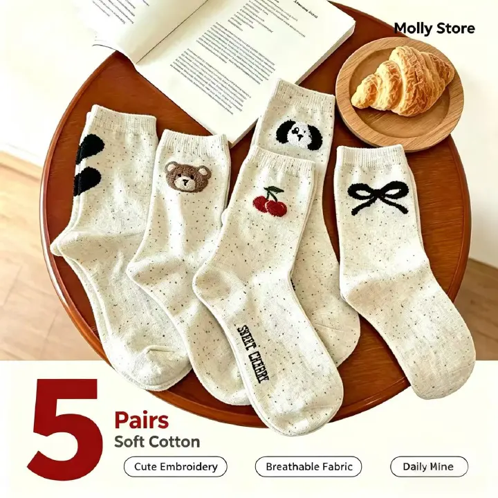 5 Pairs Of Women's 100% Cotton Mid-Calf Socks, Spring And Summer Women's INS Trendy Socks, Cute Knee-High Socks, Women's Breathable And Odor-Resistant Socks