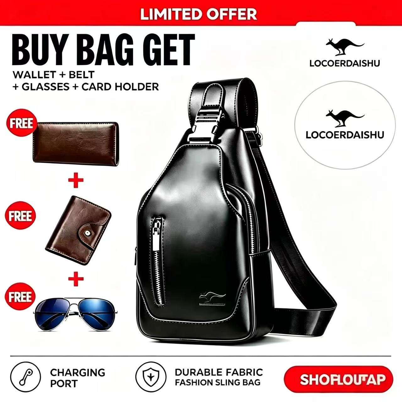 Men's double - pull large - capacity stylish casual chest bag with lock buckle, ultra - versatile. Spacious with smart compartments. Buy 1 get 4 free: belt, card holder, glasses, wallet included!
