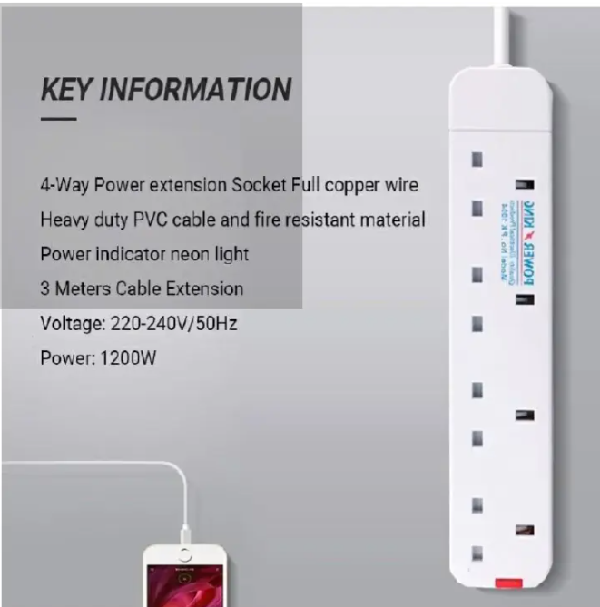 [ TODAY CLEARANCE OFFER ]Power King Commercial & Home Best 4 Way Power Extension With Long Cable // Power extenson - White