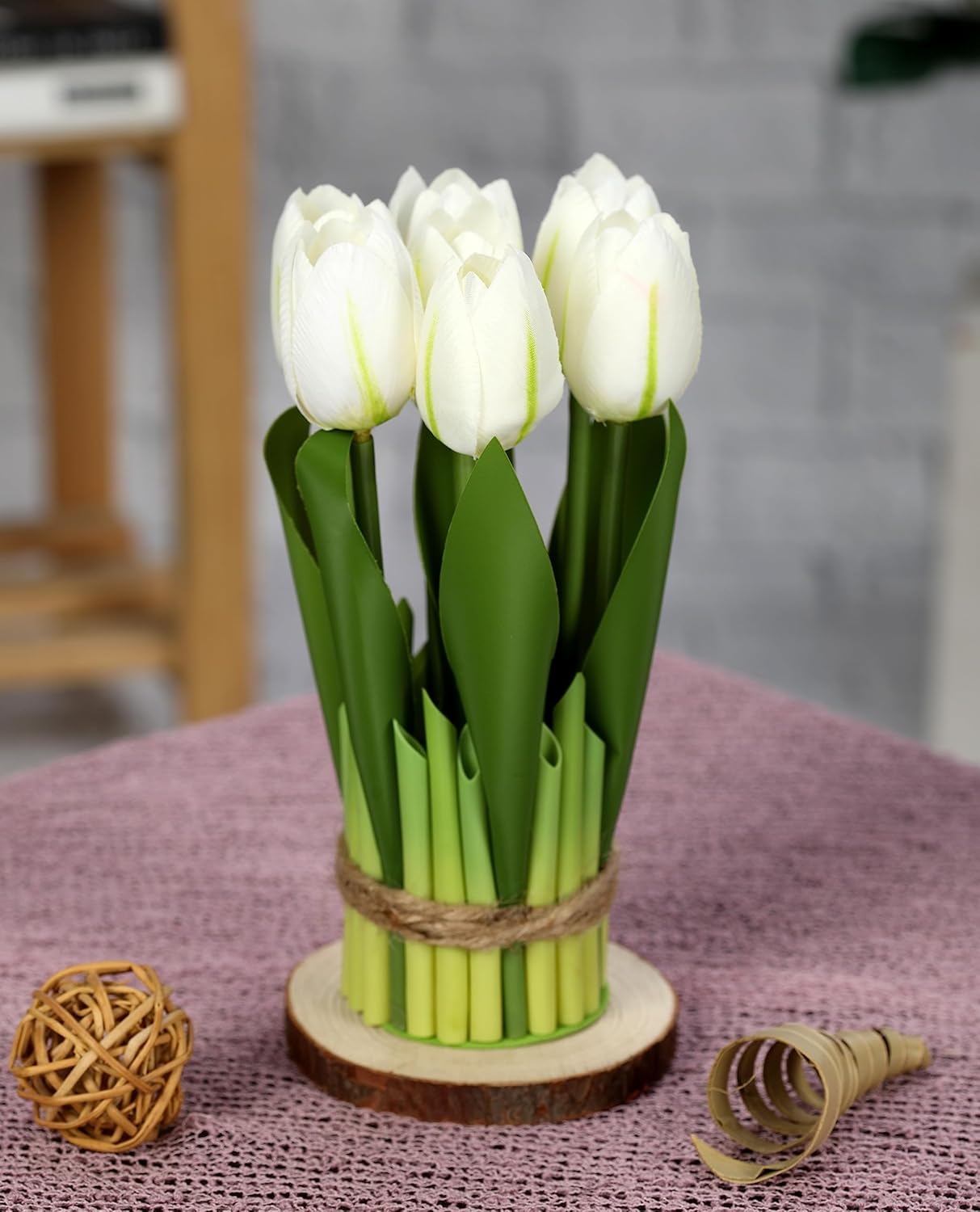 6pcs Artificial Tulip Bouquet – Wrapped Sisal Rope Flower Bundle for Table & Shelf Decor – Faux Tulips Home, Office & Event Decoration.