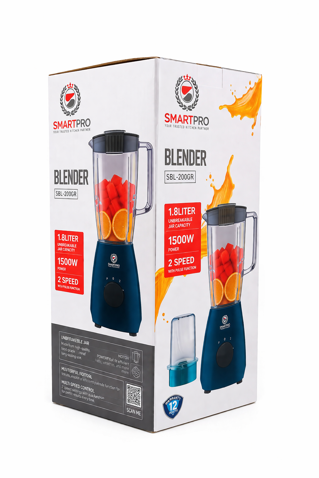Smart Pro Blender SBL-200GR 1.8L 1500W – 2 Speed + Pulse, Heavy Duty Kitchen Blender – Unbreakable Jar