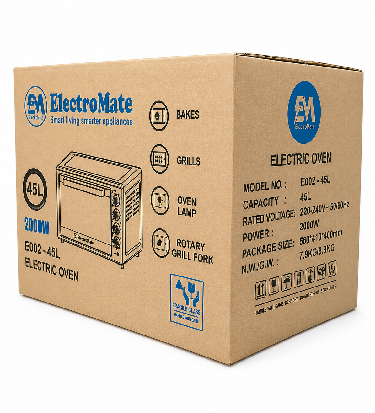 ElectroMate Electric Oven 45L EO02-45L – 2000W, Grill and Rotisserie, Multi-Function Baking Oven with Light