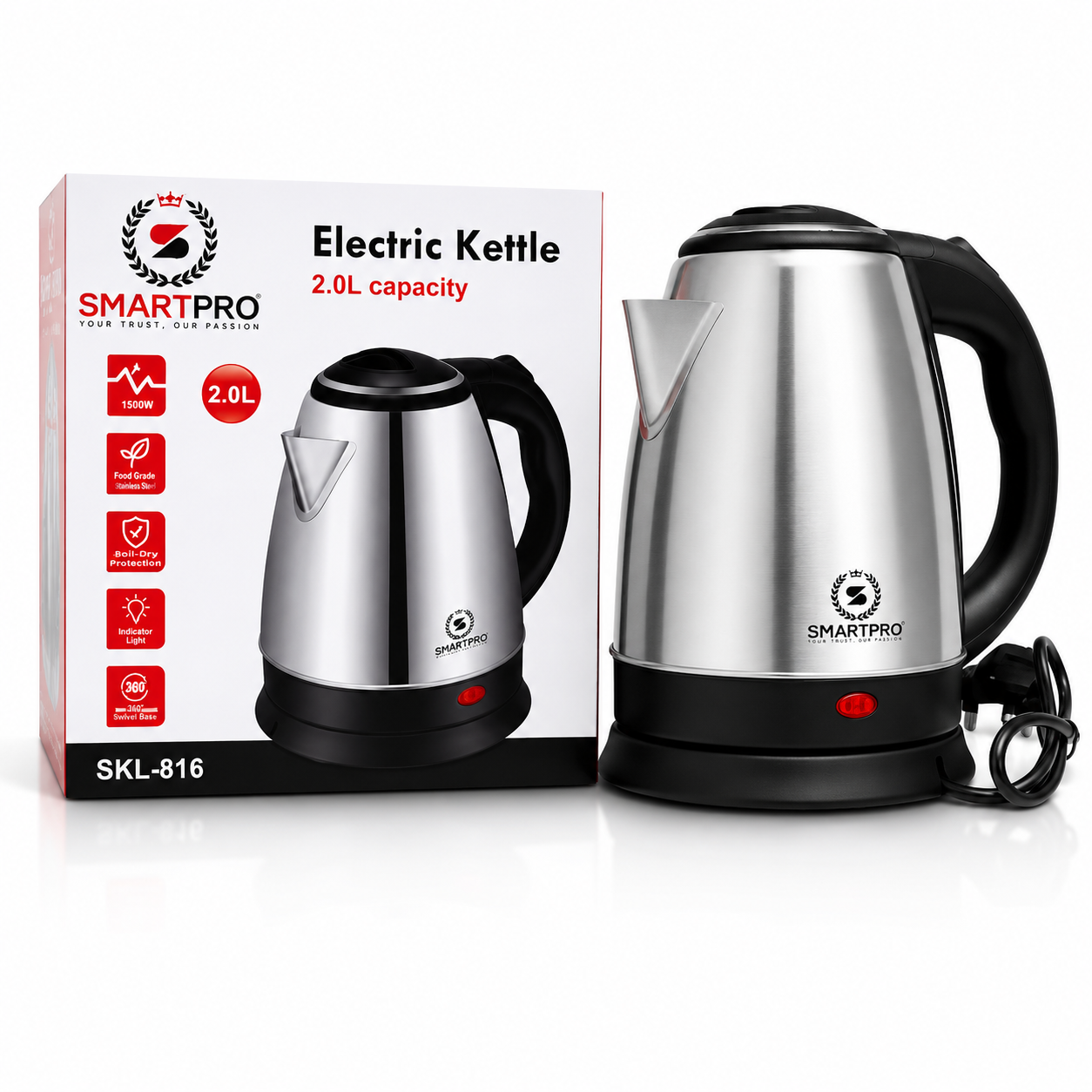 SmartPro Electric Kettle 2.0L Stainless Steel Fast Boil Electric Jug 1500W, Auto Shut Off, Dry Boil Protection, 360° Swivel Base