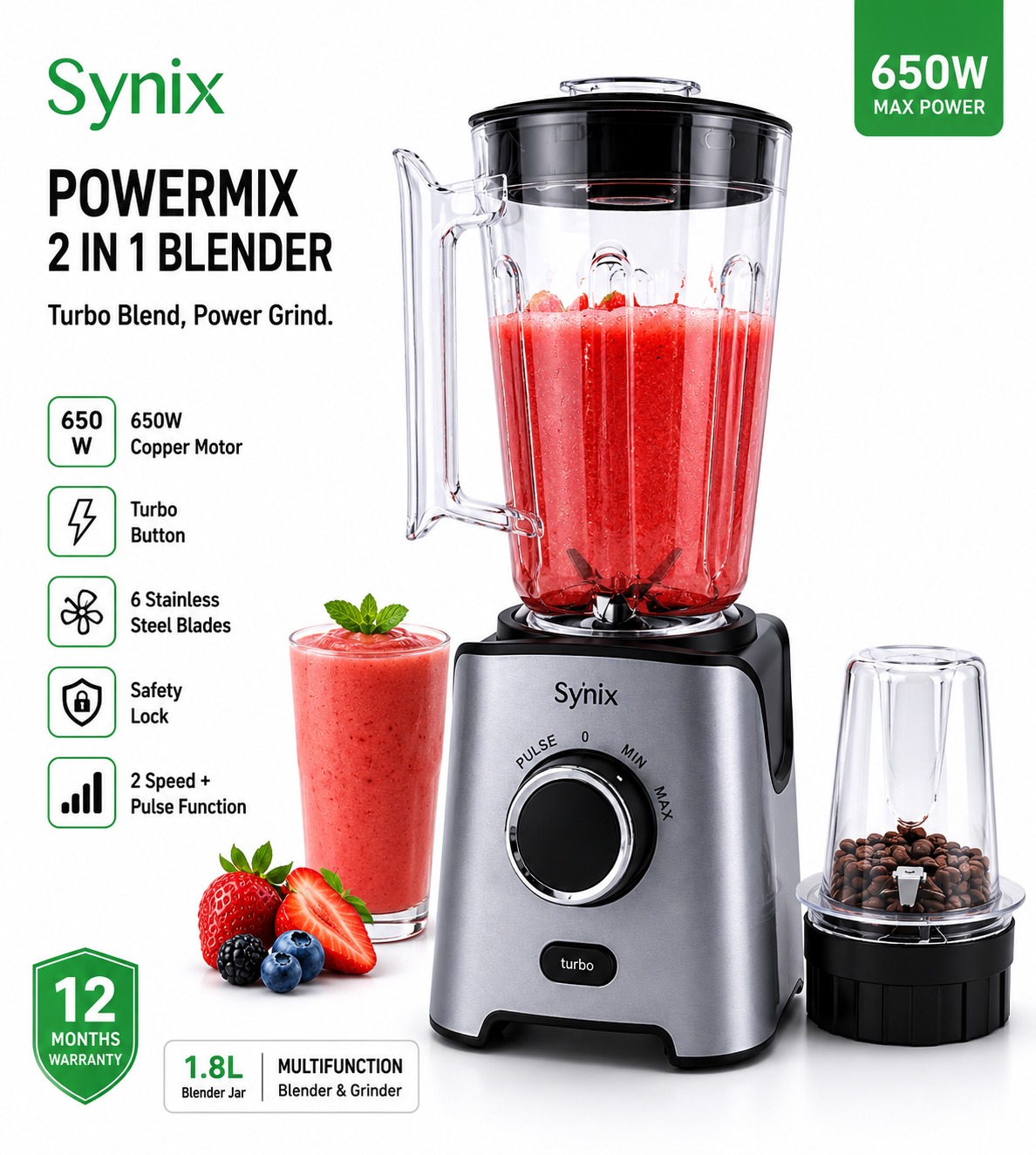 Synix 2-In-1 Blender & Grinder 1.8L  650W Copper Motor, Turbo Function, 6 Stainless Steel Blades, Multi-Speed Control – Silver/Black