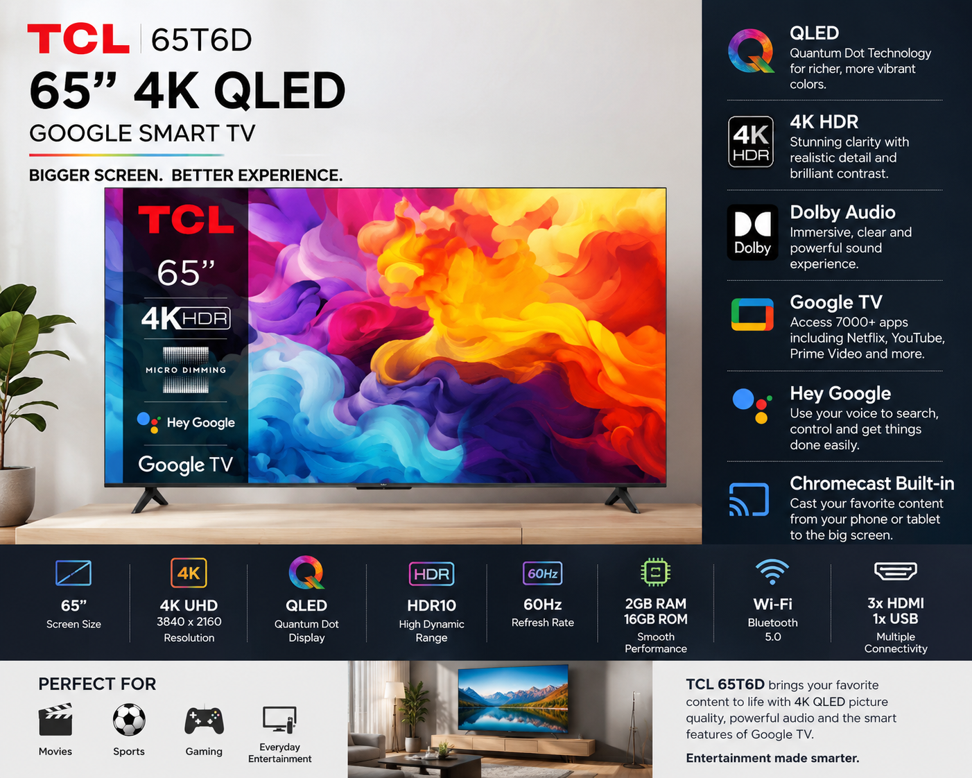 TCL 65T6D 65 Inch 4K UHD QLED Google Smart TV with Dolby Audio & HDR10 with free gifts