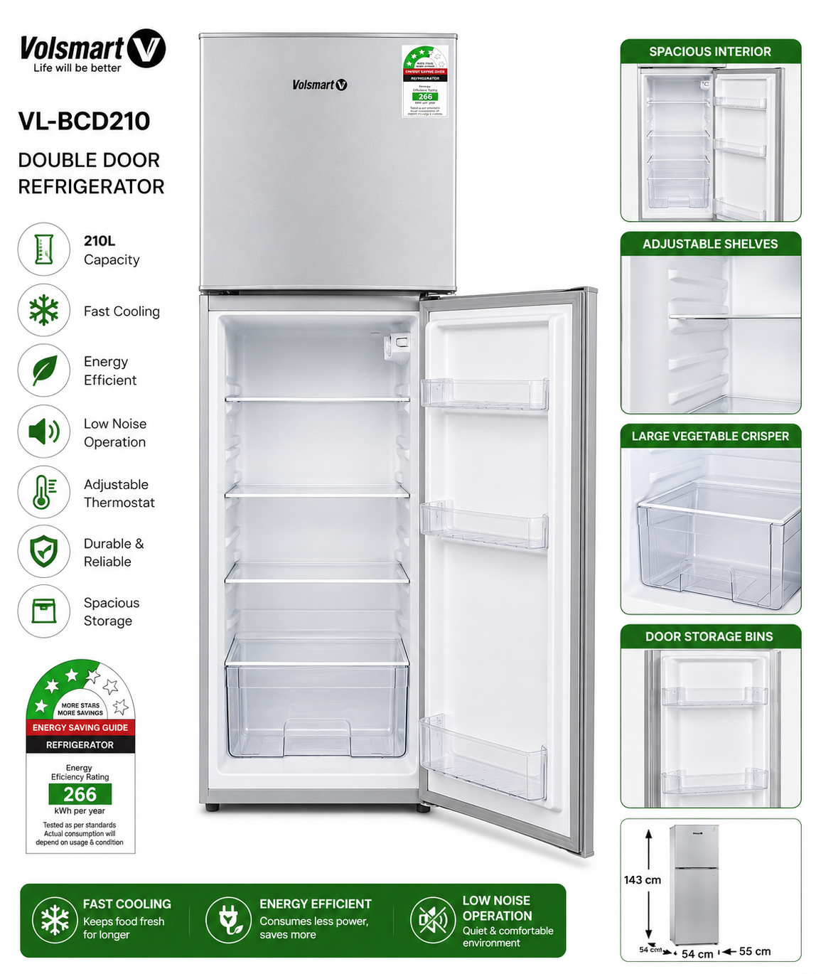 VOLSMART Refrigerator VL-BCD210 210L Double Door Top Freezer Fridge Silver Energy Saving Low Power Consumption With Free Gifts