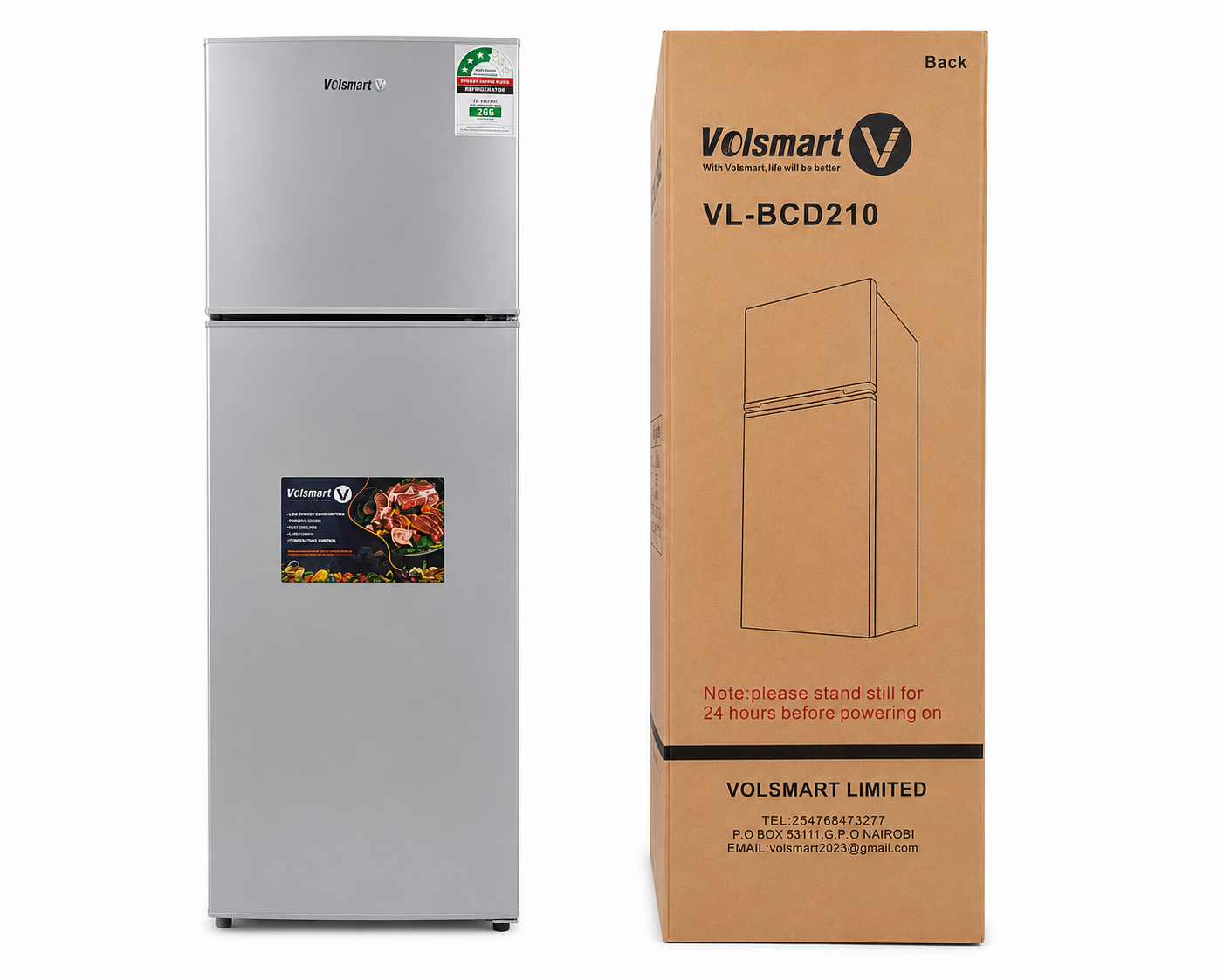 VOLSMART Refrigerator VL-BCD210 210L Double Door Top Freezer Fridge Silver Energy Saving Low Power Consumption With Free Gifts