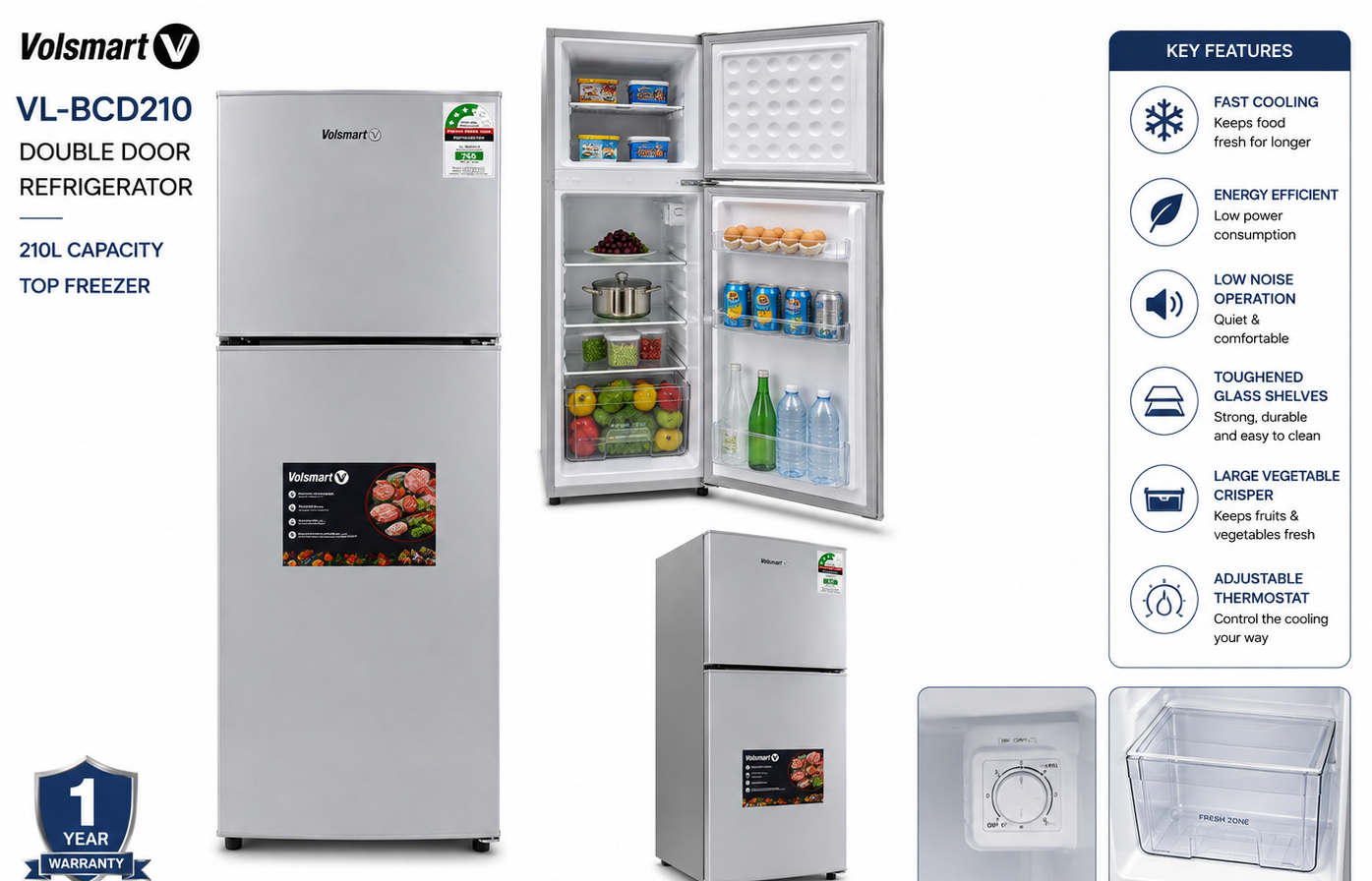 VOLSMART Refrigerator VL-BCD210 210L Double Door Top Freezer Fridge Silver Energy Saving Low Power Consumption With Free Gifts
