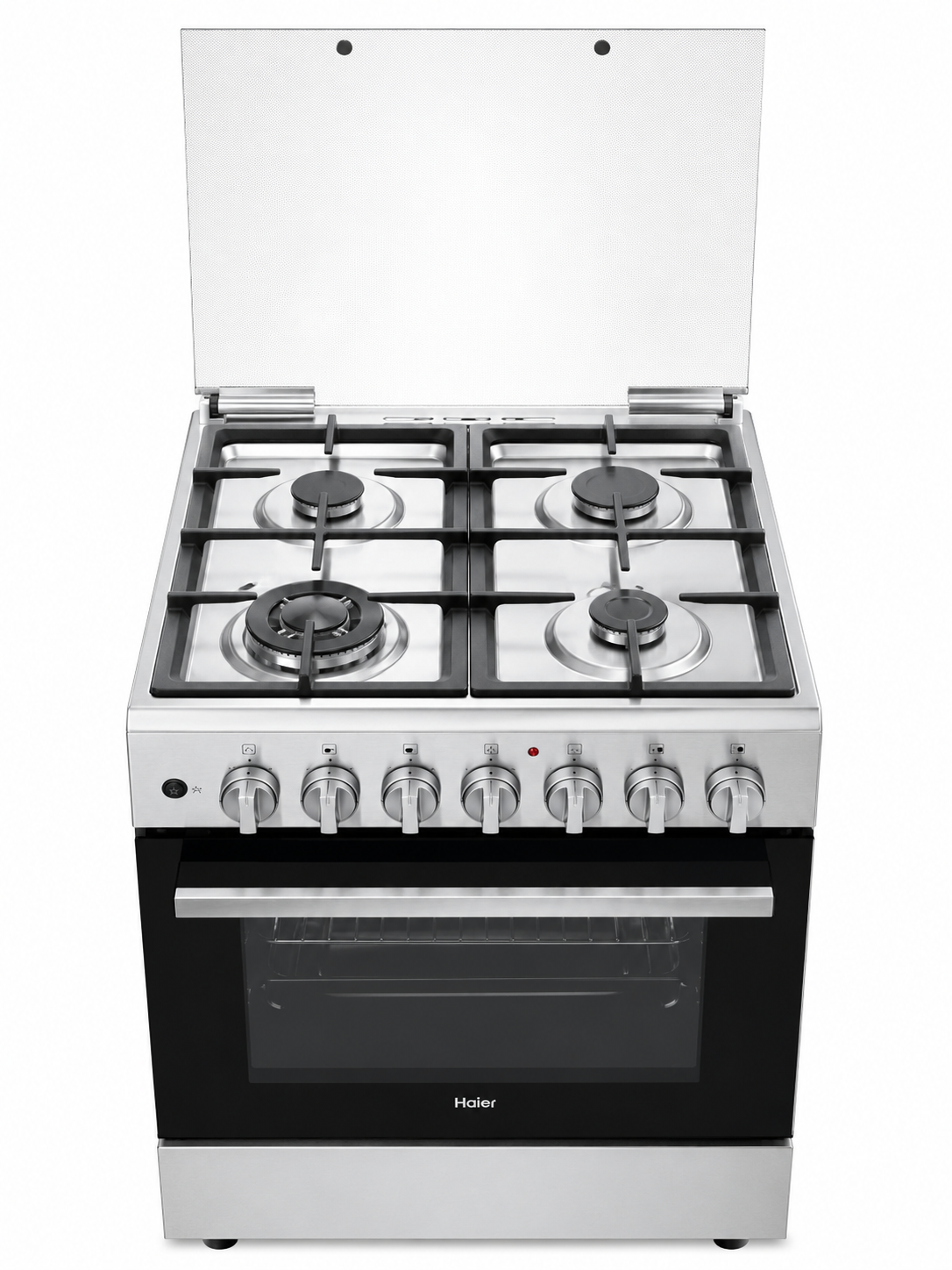 Haier 60x60cm 4 Gas + 1 Wok Burner Cooker With Electric Turbo Fan Oven, Flame Failure Safety, Auto Ignition, Heavy Cast Iron Grills – Stainless Steel