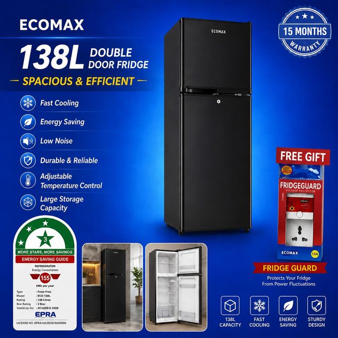 Ecomax Fridge ,double door 138l refrigerator BD-138 With free Fridge Gaurd Black