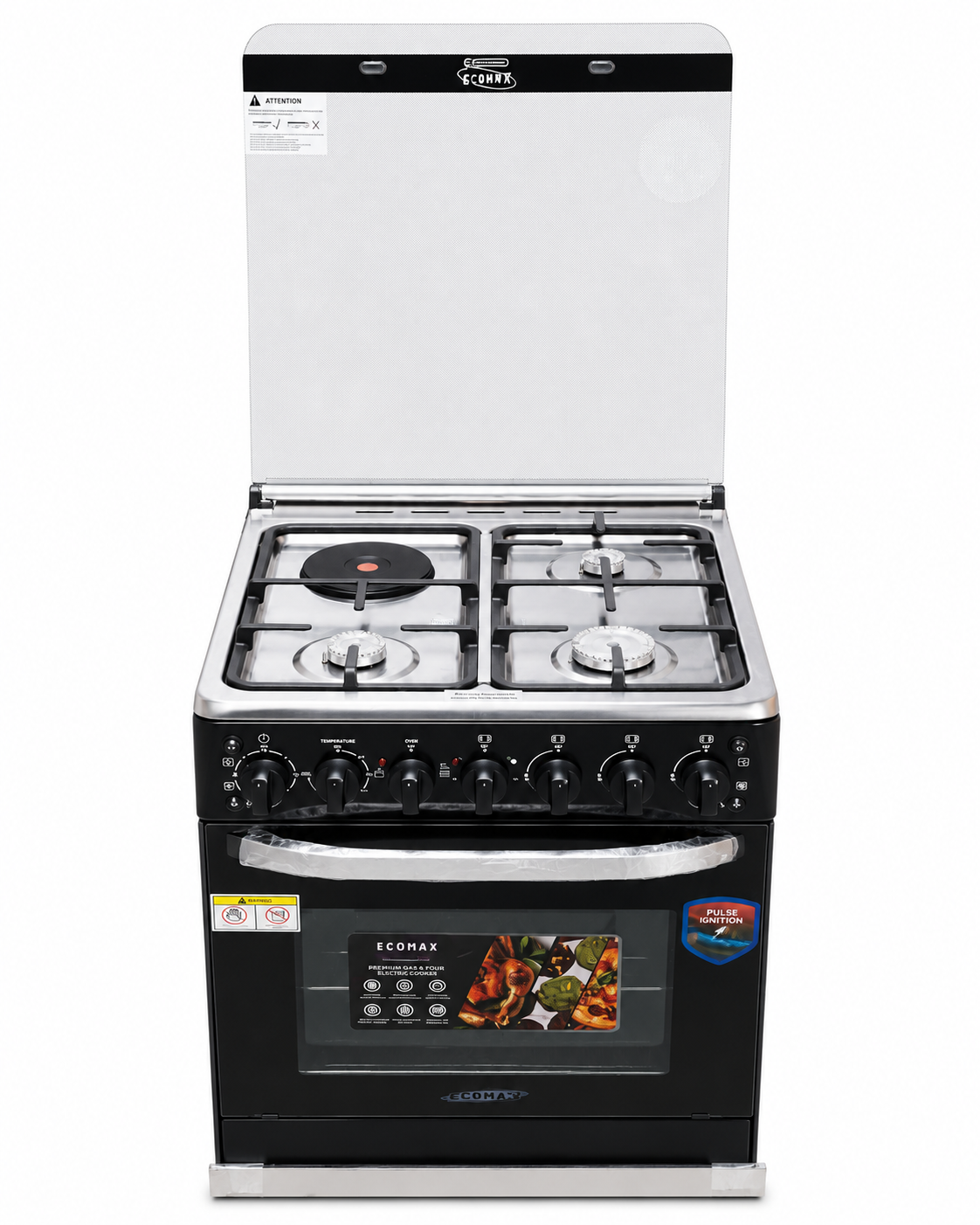 ECOMAX LX-880U 60×60cm Cooker – 3 Gas + 1 Electric, Electric Oven, Rotisserie, Grill & Gas Sensor – Black + Free Gas Pipe, Regulator & Tightener