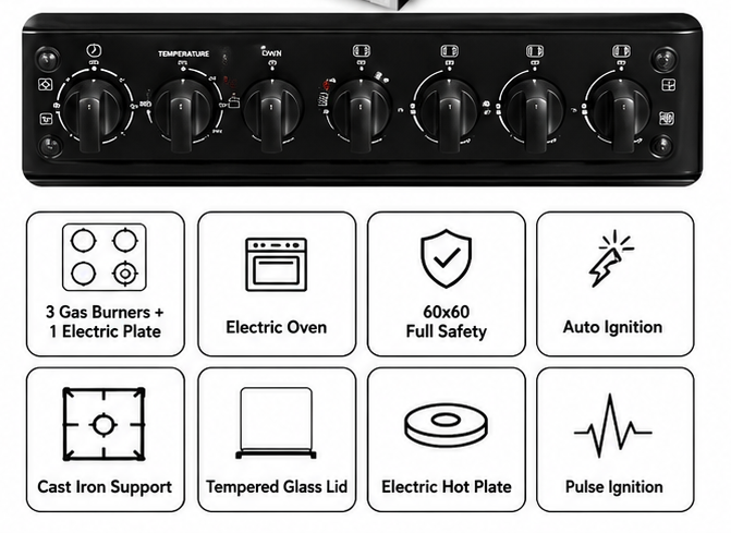 ECOMAX LX-880U 60×60cm Cooker – 3 Gas + 1 Electric, Electric Oven, Rotisserie, Grill & Gas Sensor – Black + Free Gas Pipe, Regulator & Tightener