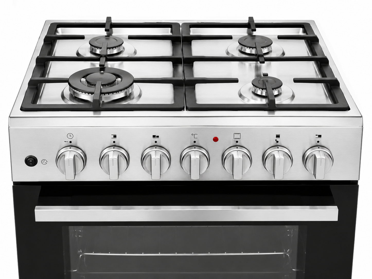 Haier 60x60cm 4 Gas + 1 Wok Burner Cooker With Electric Turbo Fan Oven, Flame Failure Safety, Auto Ignition, Heavy Cast Iron Grills – Stainless Steel