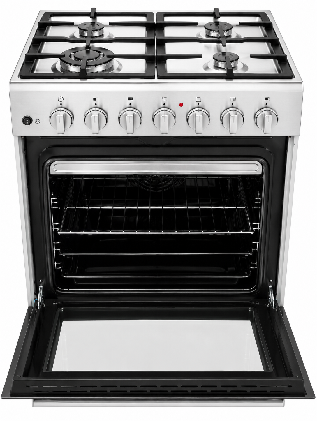 Haier 60x60cm 4 Gas + 1 Wok Burner Cooker With Electric Turbo Fan Oven, Flame Failure Safety, Auto Ignition, Heavy Cast Iron Grills – Stainless Steel