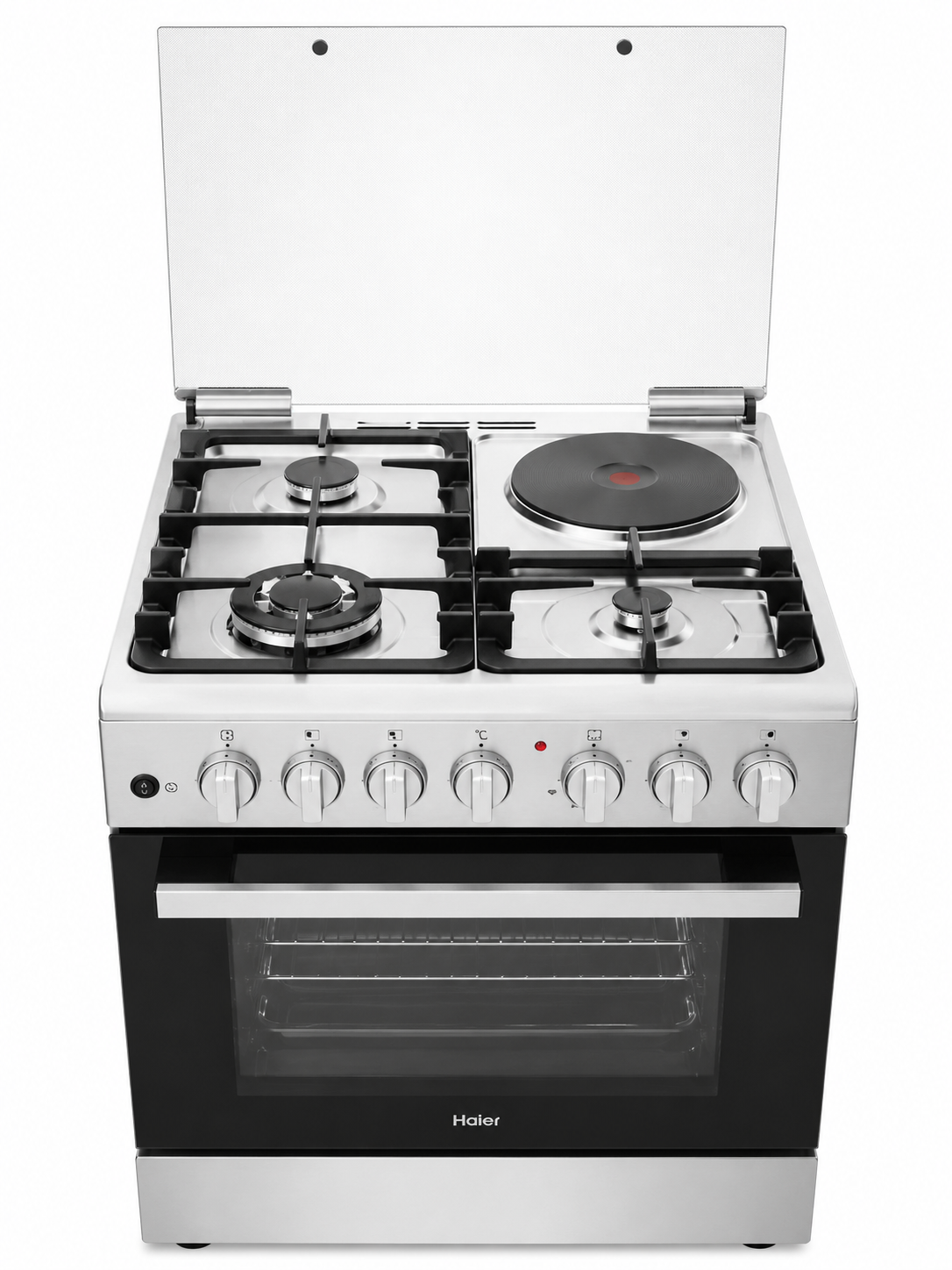 Haier 60x60cm 3 Gas + 1 Electric Rapid Plate Cooker With Wok Burner, Electric Turbo Fan Oven, Flame Failure Safety, Auto Ignition, Heavy Cast Iron Grills, HCR2031EES