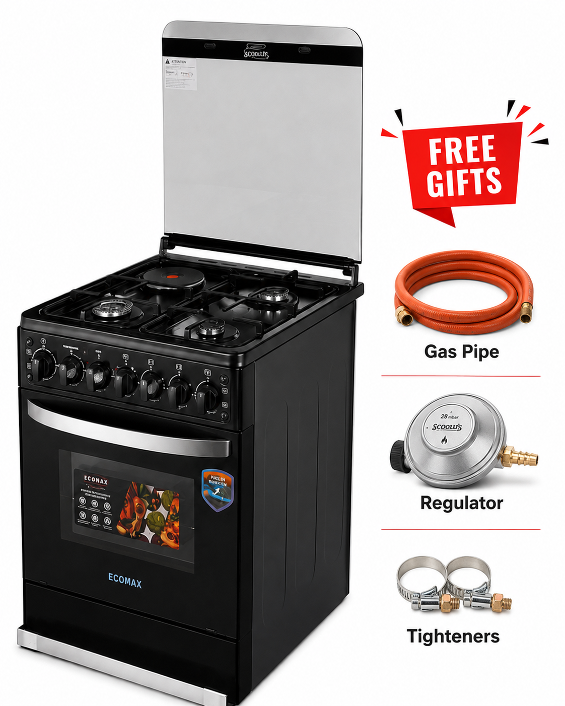 ECOMAX LX-880U 60×60cm Cooker – 3 Gas + 1 Electric, Electric Oven, Rotisserie, Grill & Gas Sensor – Black + Free Gas Pipe, Regulator & Tightener