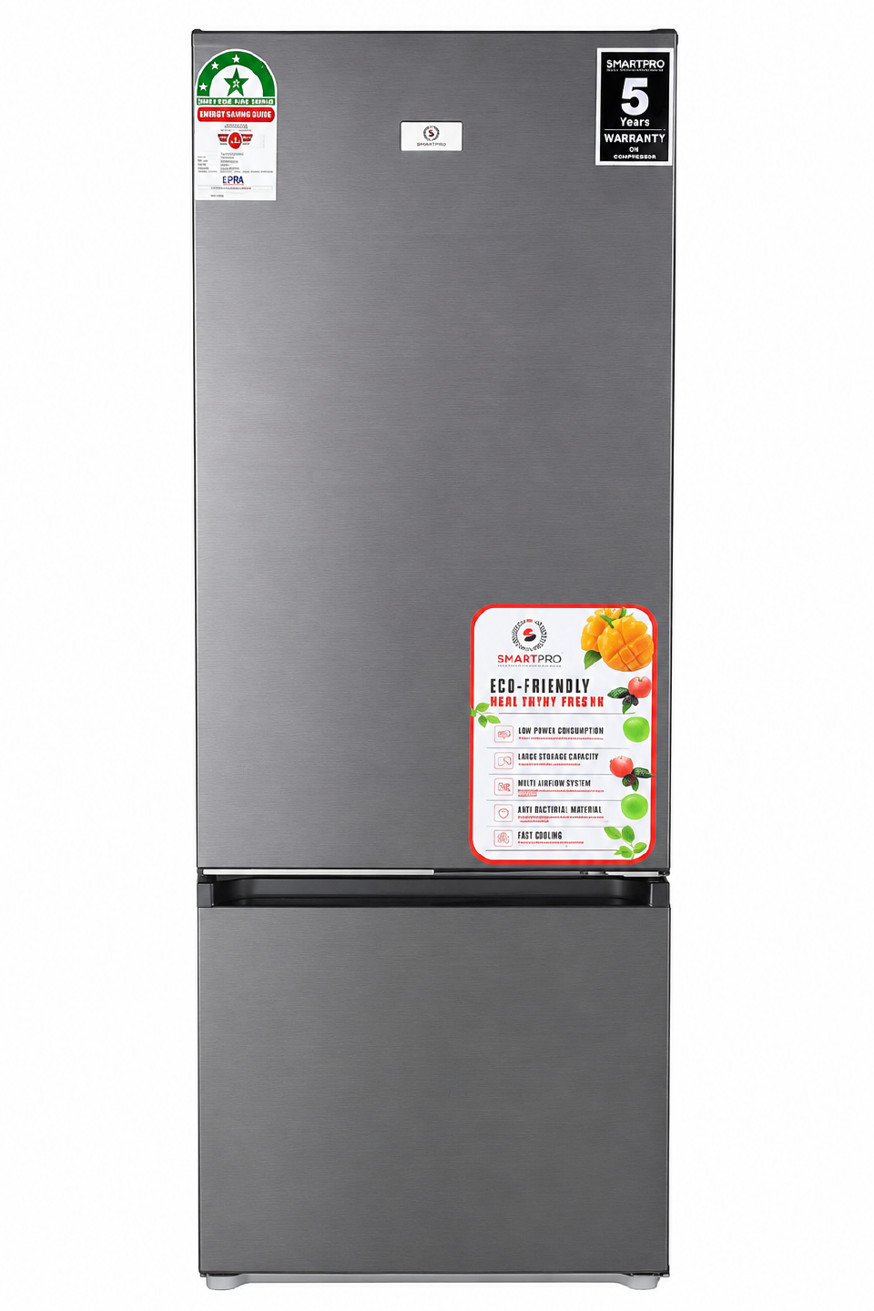 Smartpro 300L Bottom Freezer Refrigerator SFR-400-DBI – Inverter, Low Noise, Dark Grey