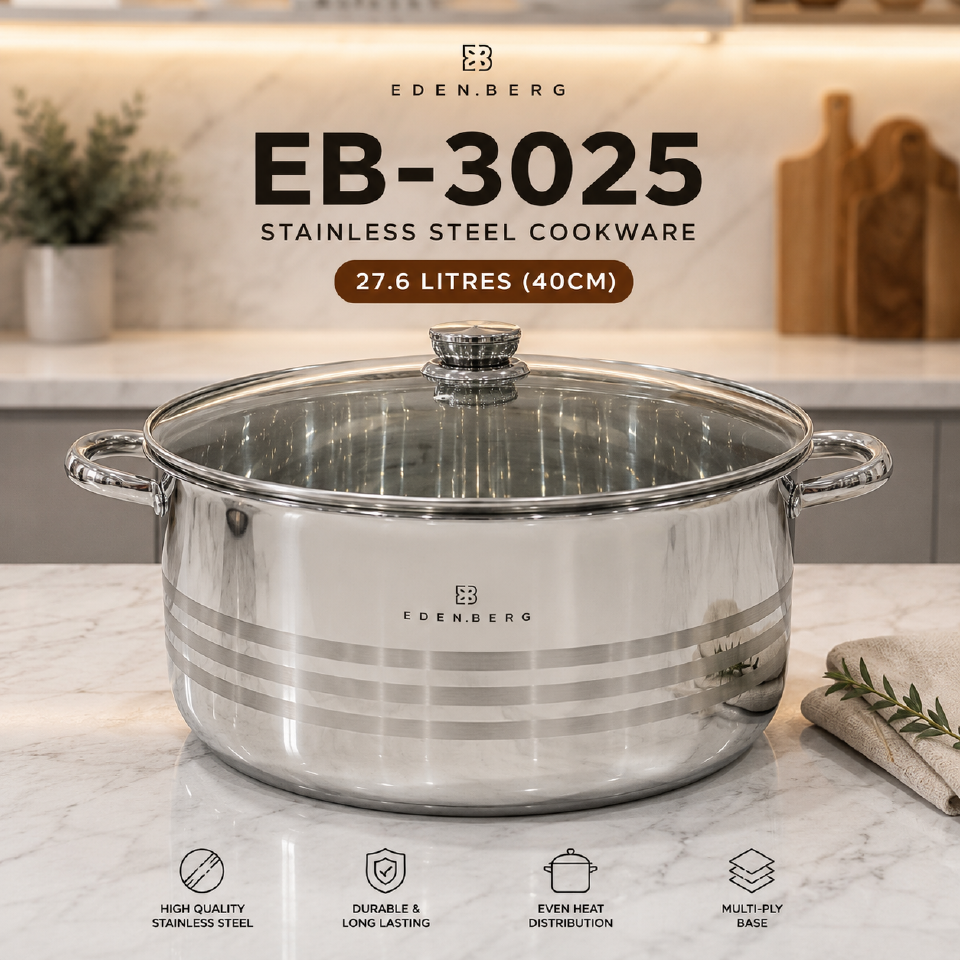 Edenberg Cooking Pot EB-3025 Stainless Steel  27.6L – 40cm – 5-Layer Base – Glass Lid – Induction Compatible