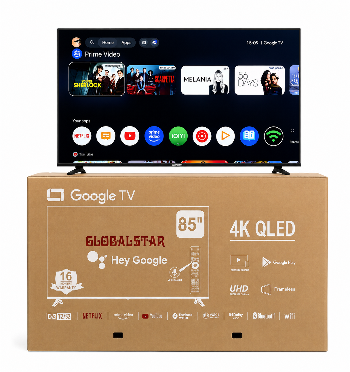 Globalstar 85 Inch QLED 4K Google TV  Smart UHD Television with Built-In WiFi, Bluetooth, Netflix, YouTube, CI+ & T2/S2 With Free Tv Mount and Guard