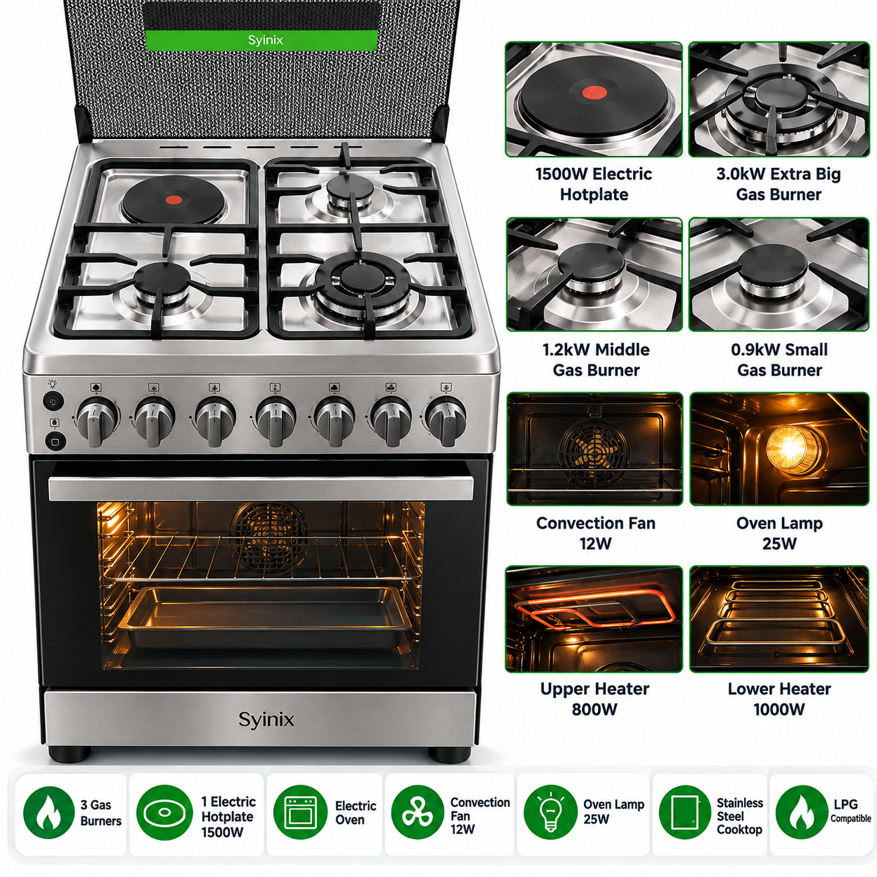 Syinix Freestanding Gas & Electric Cooker 60×60cm, 3 Gas Burners + 1 Electric Hotplate, Electric Oven with Convection Fan, Glass Lid, Black & Silver – Q60GC5