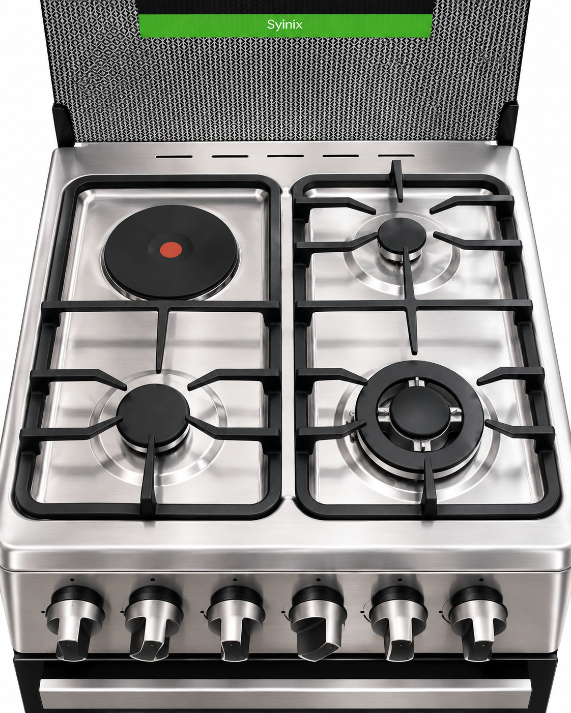 Syinix Freestanding Gas & Electric Cooker 60×60cm, 3 Gas Burners + 1 Electric Hotplate, Electric Oven with Convection Fan, Glass Lid, Black & Silver – Q60GC5