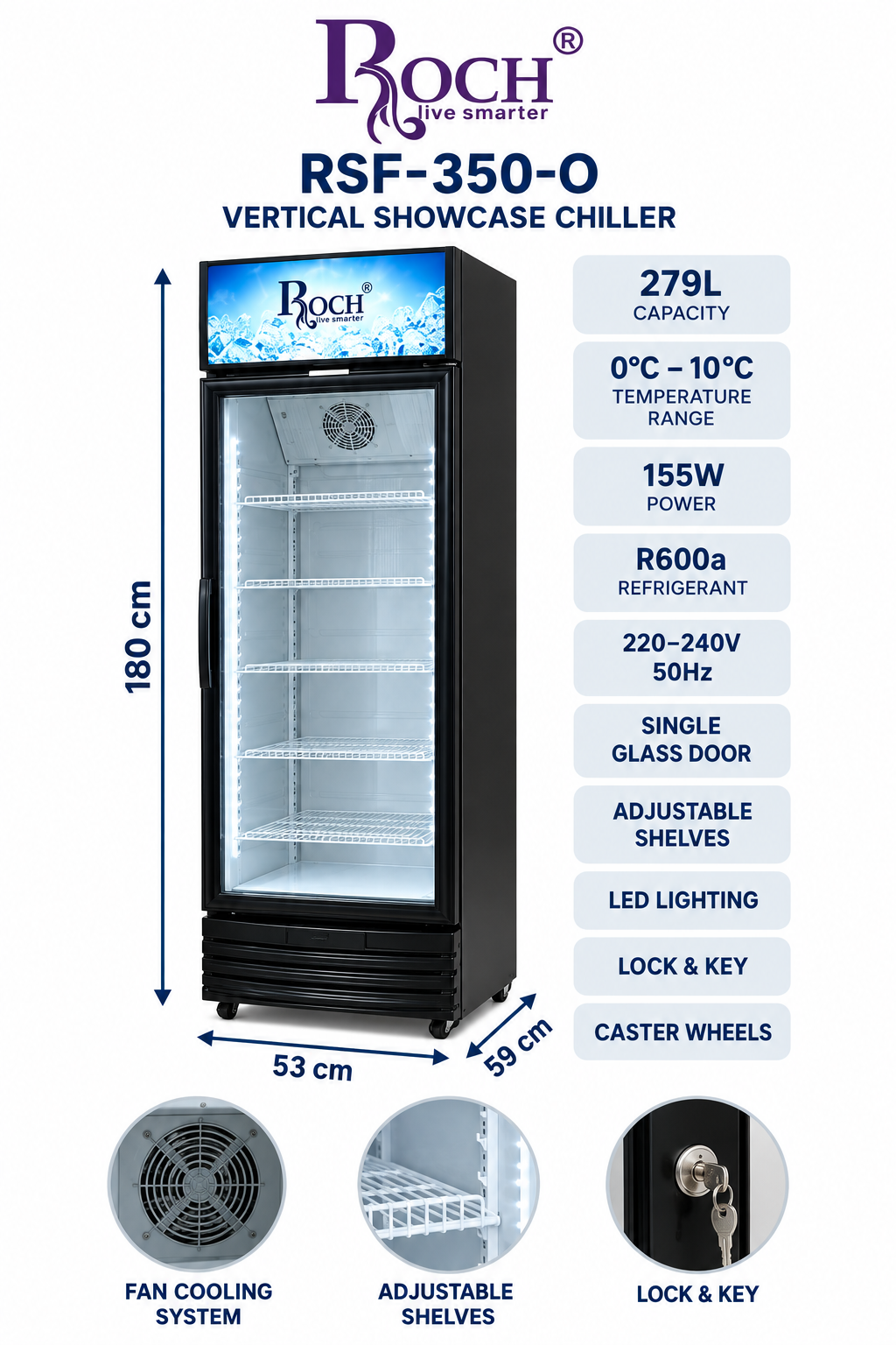 ROCH Vertical Showcase Chiller 279L RSF-350-O – Single Glass Door Display Fridge
