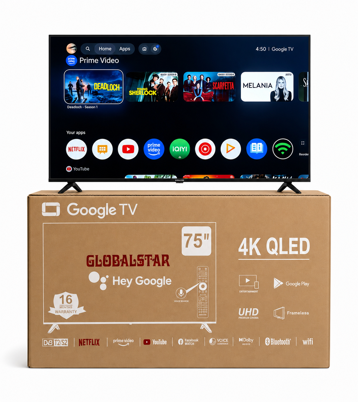 Globalstar 75 Inch QLED 4K Google TV  Smart UHD Television with Built-In WiFi, Bluetooth, Netflix, YouTube, CI+ & T2/S2 With Free Tv Mount and Guard