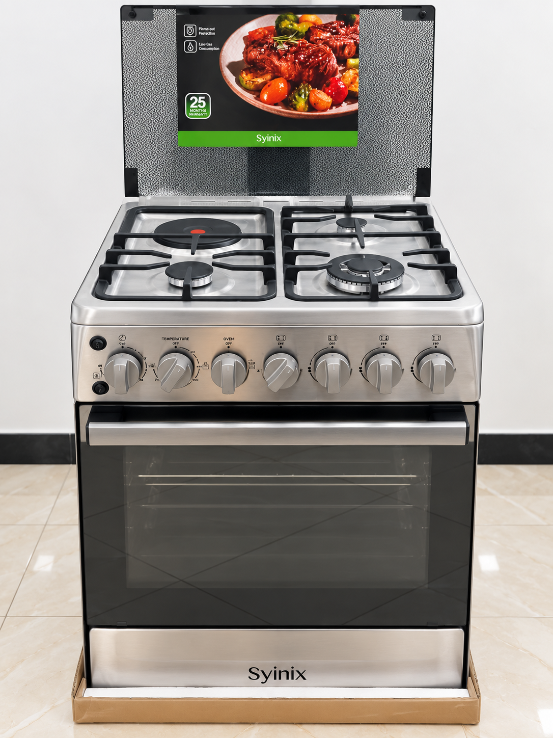 Syinix Freestanding Gas & Electric Cooker 60×60cm, 3 Gas Burners + 1 Electric Hotplate, Electric Oven with Convection Fan, Glass Lid, Black & Silver – Q60GC5