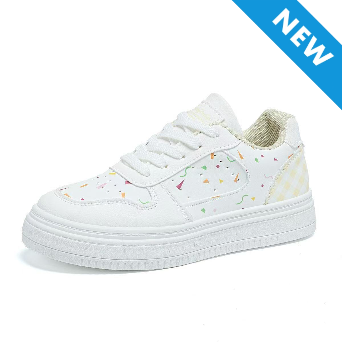 FEELNG [New Hot Selling] Stylish Super Girly Women's Sneakers, PU Leather, White Sneakers, Printed Plaid Design, Comfortable and Breathable