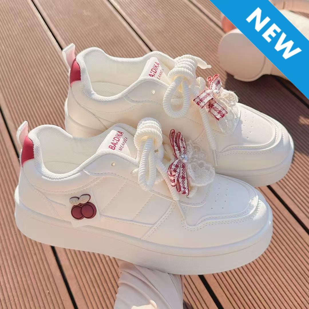FEELING [New Hot Selling] Fashionable Super Girl Series Women's Sneakers Artificial Leather Bow Lace-up Design High-Value Women's Shoes White Sneakers