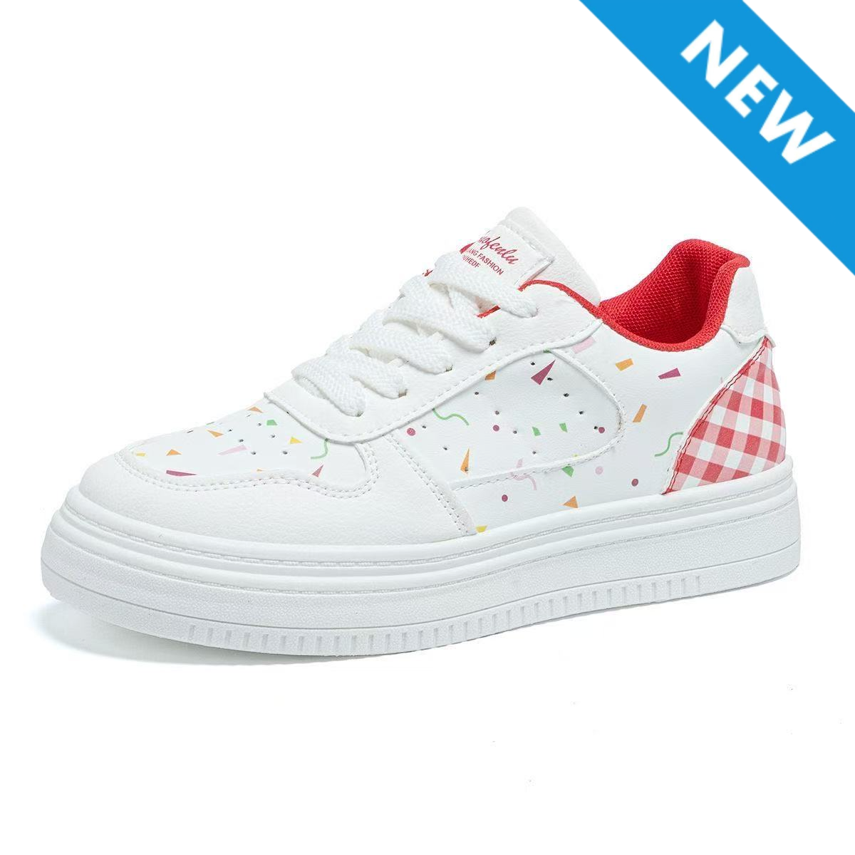 FEELNG [New Hot Selling] Stylish Super Girly Women's Sneakers, PU Leather, White Sneakers, Printed Plaid Design, Comfortable and Breathable